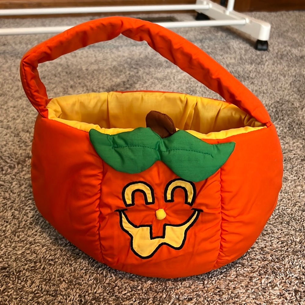 Vintage Plush Pumpkin Trick or Treat Candy Basket